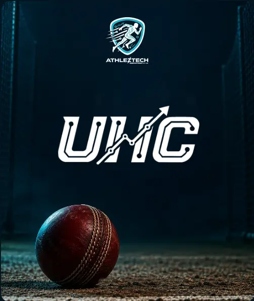 The UHC logo with the AthlezTech logo above it, over a cricket ball in the nets.